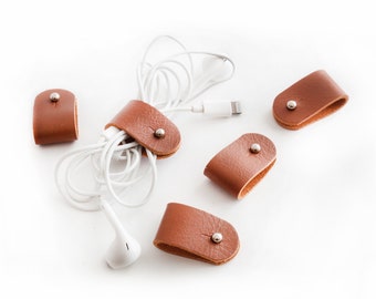 Organizador de cables | Soporte para iPhone, auriculares y bridas de cuero | Cuero auténtico, hecho a mano