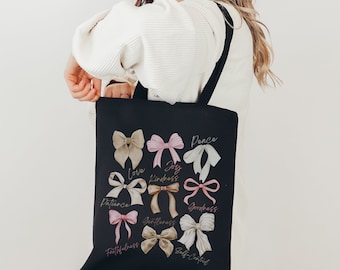Fruit of the Spirit Tote Coquette Bow Christian Tote Bag Bible Verse Tote Bag Gift for Christian Religious Faith Cotton Canvas Tote Bag