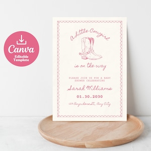 Cowgirl Baby Shower Invitation Pink Western Theme Baby Shower Digital Downloadable Invite Custom Name Editable Canva Template