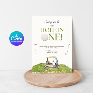 Hole in One Erster Geburtstag einladen bearbeitbare Canva Vorlage Golf Erster Geburtstag Digitale benutzerdefinierte Name Einladung