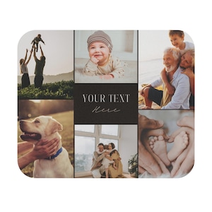 May include: A rectangular photo collage with rounded corners, featuring family photos. The collage includes images of a baby, a dog, a family, and a couple. The text "YOUR TEXT Here" is in the center.