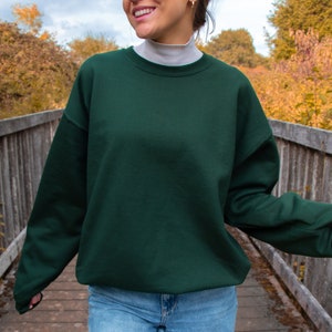 Pu&ograve; includere: Una felpa verde scuro con girocollo, indossata sopra un dolcevita grigio chiaro. La persona indossa jeans blu. Lo sfondo include un ponte di legno e fogliame autunnale. Un capo versatile.