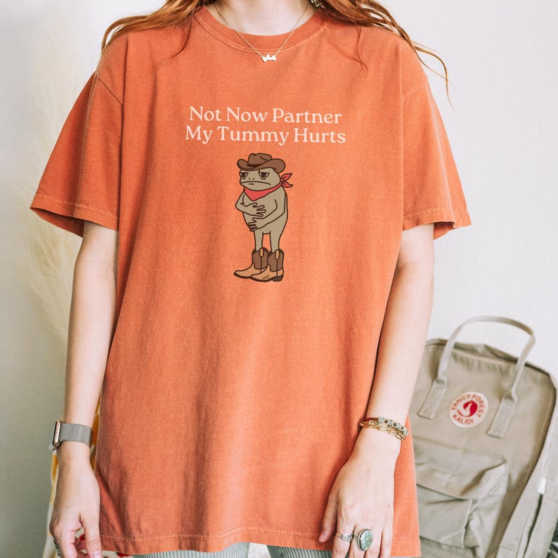 May include: Orange t-shirt with the text "Not Now Partner My Tummy Hurts" above a cartoon frog wearing a cowboy hat, boots, and a red bandana. The shirt has short sleeves and a crew neck.