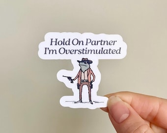 Hold On Im Overstimulated Sticker Cowboy Frog Sticker Unhinged Sticker Weirdcore Gen Z Sticker Weird Stuff Funny Meme Stickers