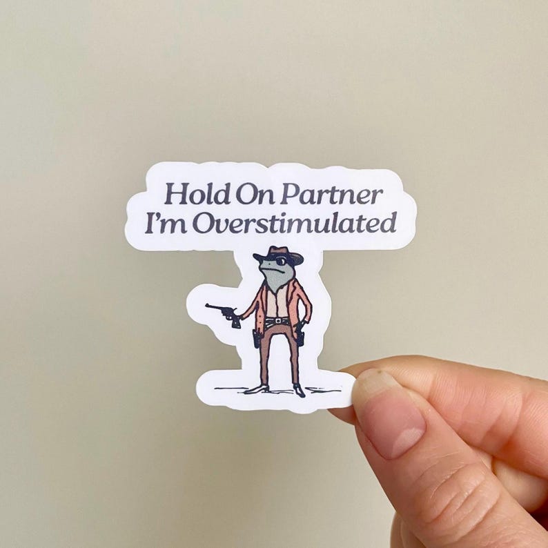 K&ouml;nnte beinhalten: Ein wei&szlig;er Aufkleber mit dem Text "Hold On Partner I'm Overstimulated". Der Aufkleber zeigt einen Cartoon-Frosch mit Cowboyhut, Jacke und einer Pistole.