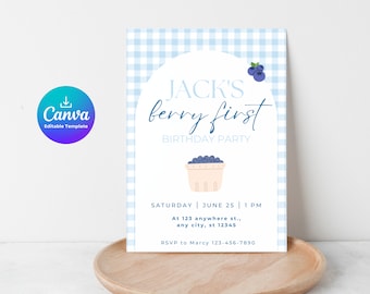 Berry First Birthday Invitation Editable Canva Template First Birthday Digital Custom Name Summer Invite For Boy