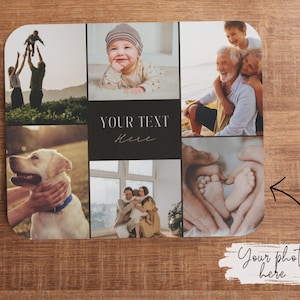 May include: A collage of photos featuring a family, a dog, a baby, and a couple. The photos are arranged in a grid pattern with a black background and the text "YOUR TEXT Here" in white.