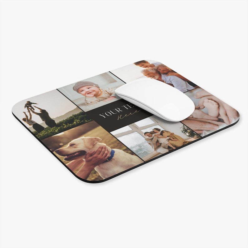 May include: Custom mousepad featuring a collage of family photos, with a white computer mouse resting on top. The mousepad has a black border and includes the text "YOUR TEXT HERE".