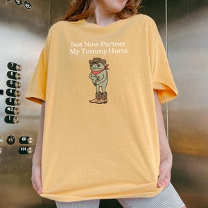 May include: Mustard yellow t-shirt with the text "Not Now Partner My Tummy Hurts." The shirt features a cartoon frog wearing a cowboy hat, red bandana, and cowboy boots. The frog is standing with its arms crossed.