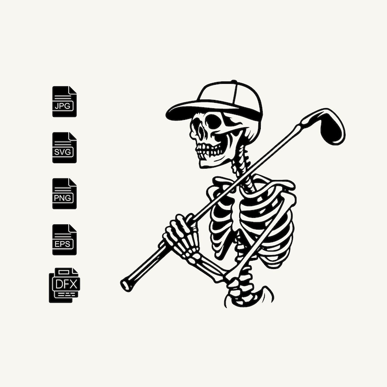 May include: Black and white illustration of a skeleton wearing a baseball cap and holding a golf club.