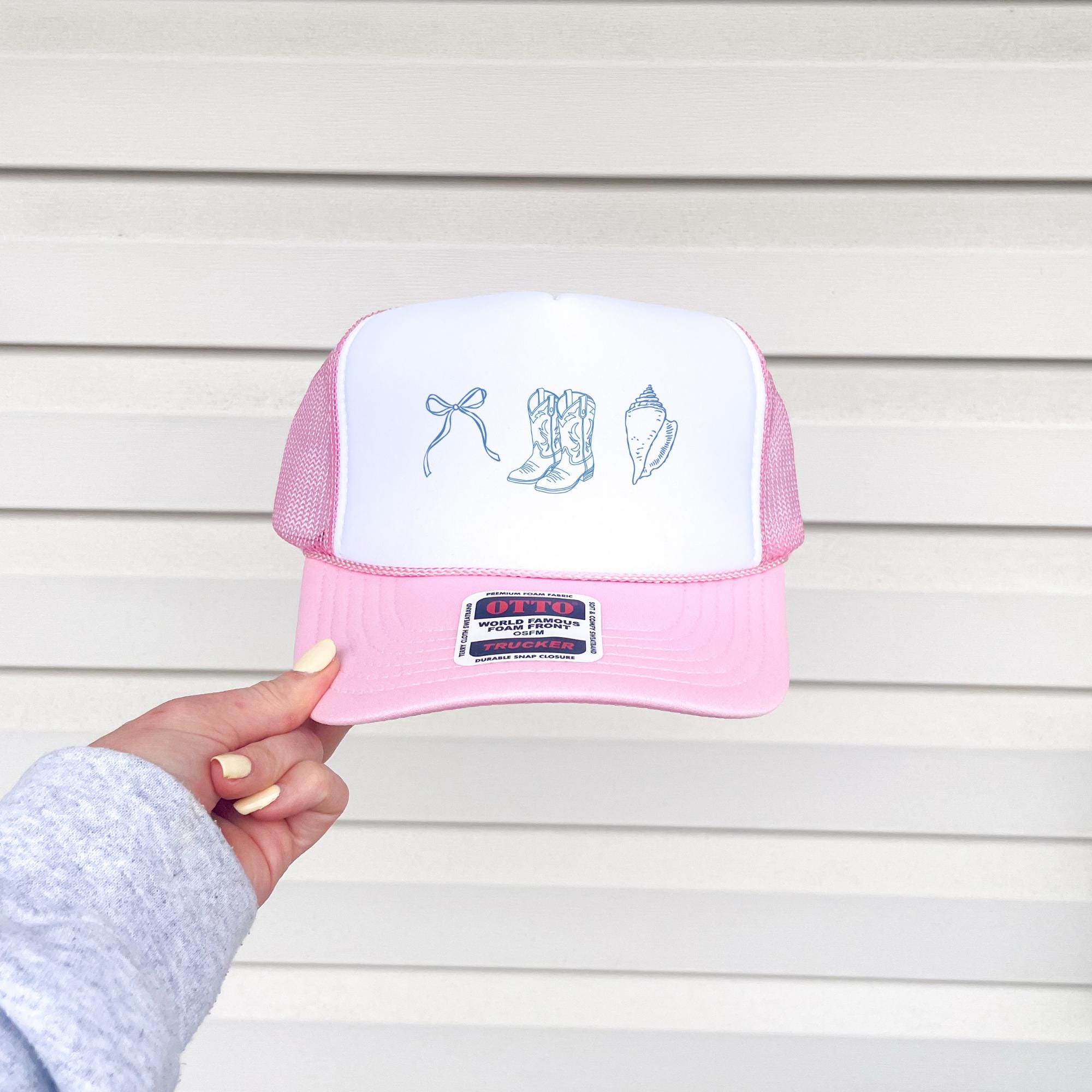 NWT Neon Pink & White Western Boot Stitch Cowgirl Snap Back Trucker Hat Cap Embroidered Western Boot Stitch Trucker Hats (made to order  main image 2