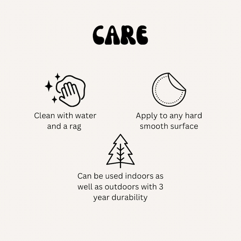 May include: Black and white illustration of care instructions for a product. The instructions include cleaning with water and a rag, applying to any hard smooth surface, and being able to be used indoors and outdoors with 3 years of durability.