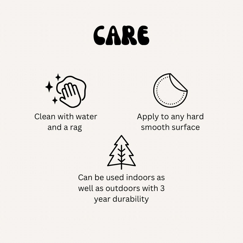May include: Black and white illustration of care instructions for a product. The instructions include cleaning with water and a rag, applying to any hard smooth surface, and being able to be used indoors and outdoors with 3 years of durability.