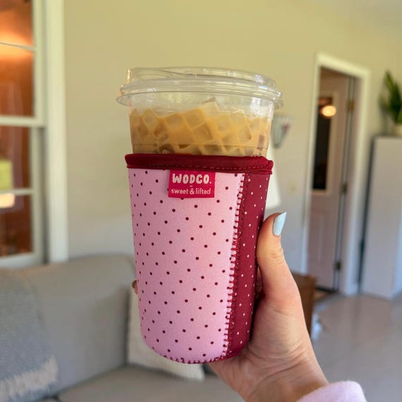 Pink & Red Maroon Polka Dot Reversable Double Patterned Iced Coffee Cup Drink Sleeve
