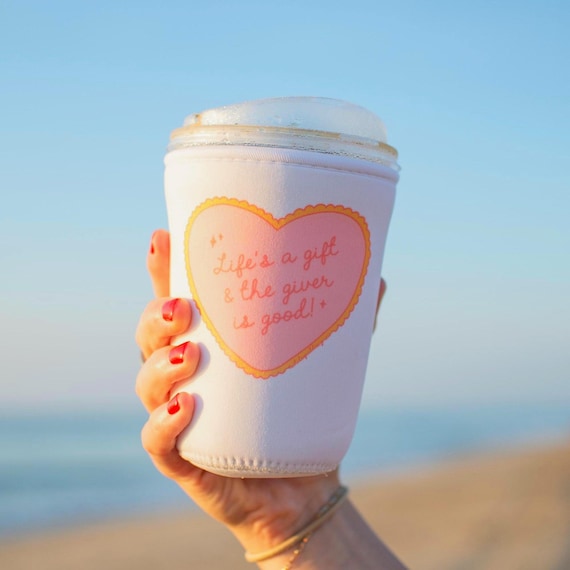 Life's a Gift & the Giver is Good Coquette Heart Illustration Iced Coffee Drink Sleeve Cozy Christian Gift for Her Iced Coffee Coozie