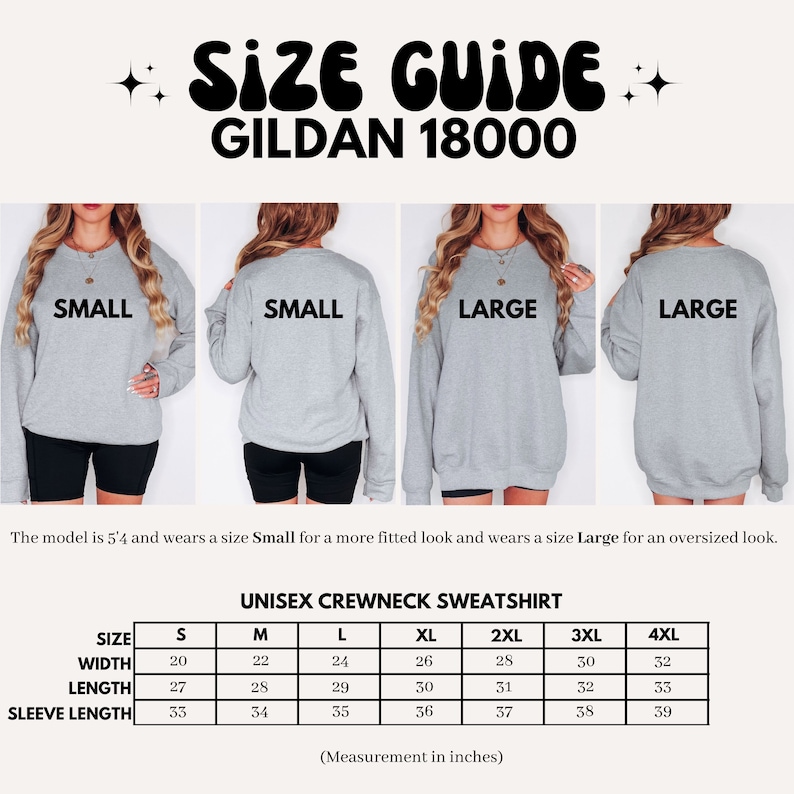 Pu&ograve; includere: Guida alle taglie per una felpa girocollo unisex, Gildan 18000, con tabella taglie ed esempi di modelli. La tabella mostra le taglie dalla S alla 4XL, con misure in pollici per larghezza, lunghezza e lunghezza manica. La modella &egrave; alta 163cm.