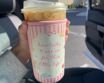 How Lucky Are We For This Little Life Inspirational Striped Illustration Iced Coffee Drink Sleeve