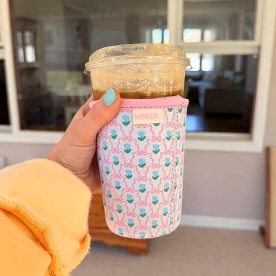 Tulip Bow Flower Patterned Iced Coffee Cup Drink Sleeve
