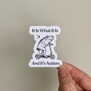 May include: White sticker with a black and white illustration of a frog riding a scooter. The text "It Is What It Is" is above the frog and "And It's Autism" is below the frog.