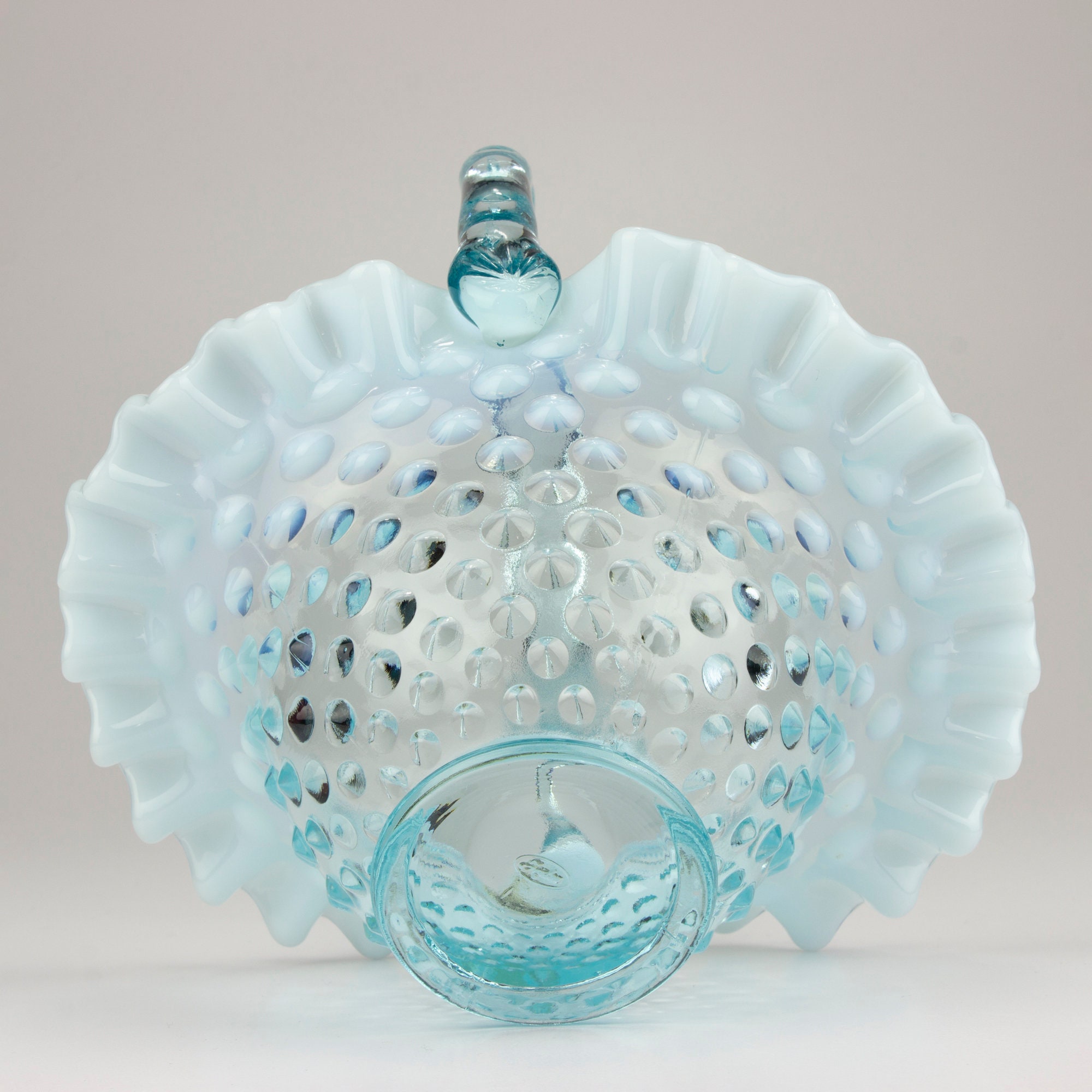 Fenton Vintage Glass Hobnail Basket, Blue Opalescent, Shape 3837