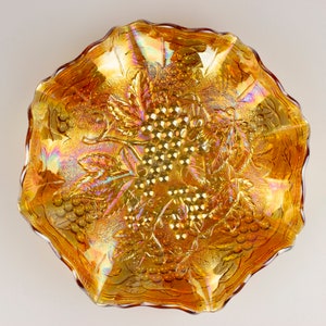 Imperial Grape Antique Carnival Glass Ruffled Bowl, Marigold