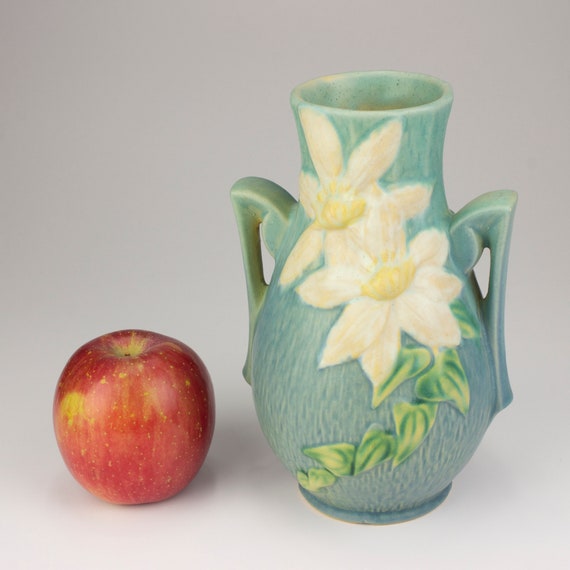 Roseville Vintage Pottery Clematis Vase, Shape 108-8, Ciel Blue