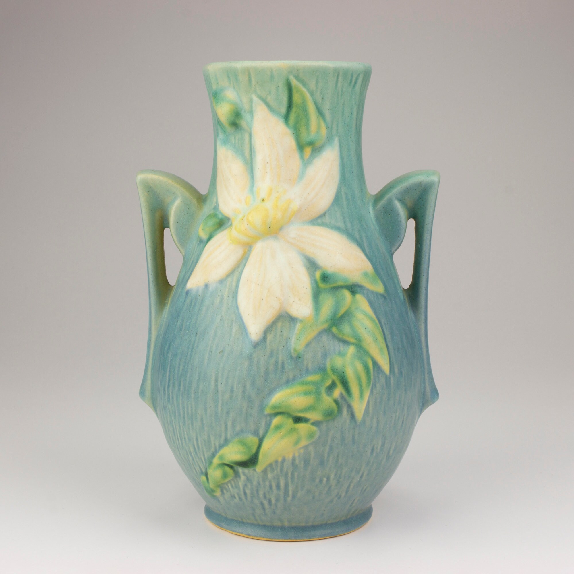 Roseville Vintage Pottery Clematis Vase, Shape 108-8, Ciel Blue