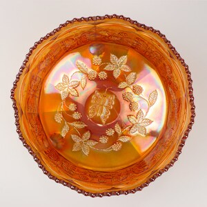 Fenton Butterfly & Berry 3-Footed Berry Bowl, Iridescent Marigold, Sawtooth Edge