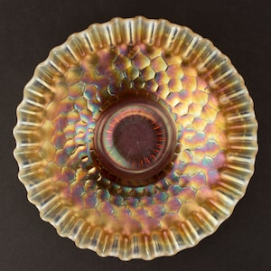 Dugan-Diamond Honeycomb & Beads Carnival Glass Crimped Plate, Opalescent Peach