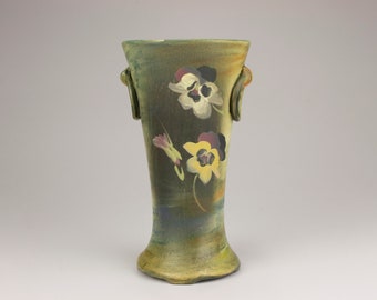 Weller Pottery Copra Vase, Green/Tan with Purple Pansies