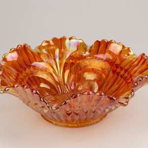 Imperial Antique Carnival Glass Scroll Embossed Ruffled Bowl, Marigold