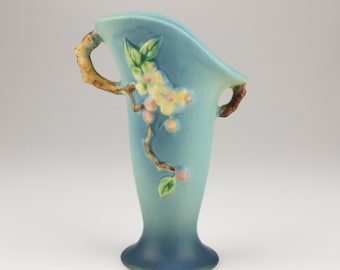 Roseville Vintage Pottery Apple Blossom Vase, Shape 382-7, Aqua Blue