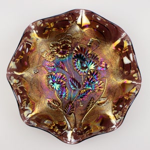 Imperial Carnival Glass Pansy Ruffled Bowl, Purple (Amethyst) Base, Arcs Back