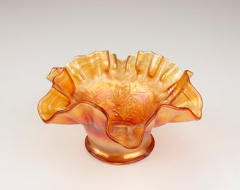 Fenton Holly Carnival Hat, Iridescent Marigold, Ruffled and Crimped Edge