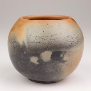 Studio Pottery Pit Fired Small Rose Bowl, Brown/Gray/Black Abstract, Artist Mark