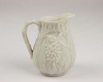 English Antique Parian Ware 4" Relief Molded Jug/Pitcher, Grapes/Butterfly