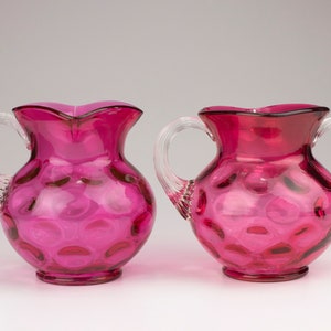 Fenton for LG Wright Thumbprint Creamer & Sugar, Ruby Overlay, Clear Ribbed Handles