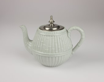 Relief Molded Antique English Salt Glaze Pottery Teapot, Gray Bamboo Design