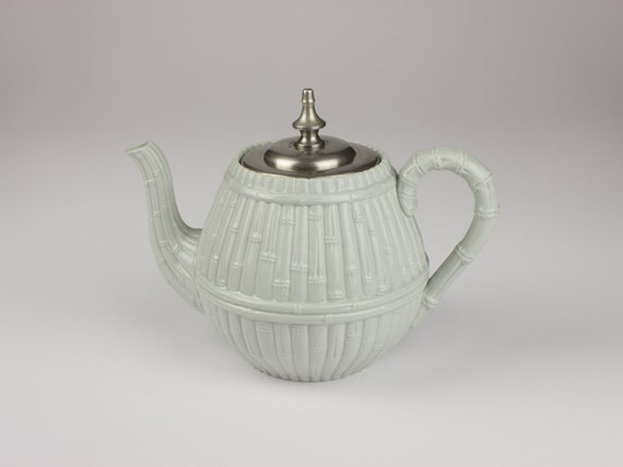 Relief Molded Antique English Salt Glaze Pottery Teapot, Gray Bamboo Design