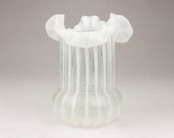 Northwood EAPG Stripe Celery Vase, White Opalescent Glass, Ruffled Edge