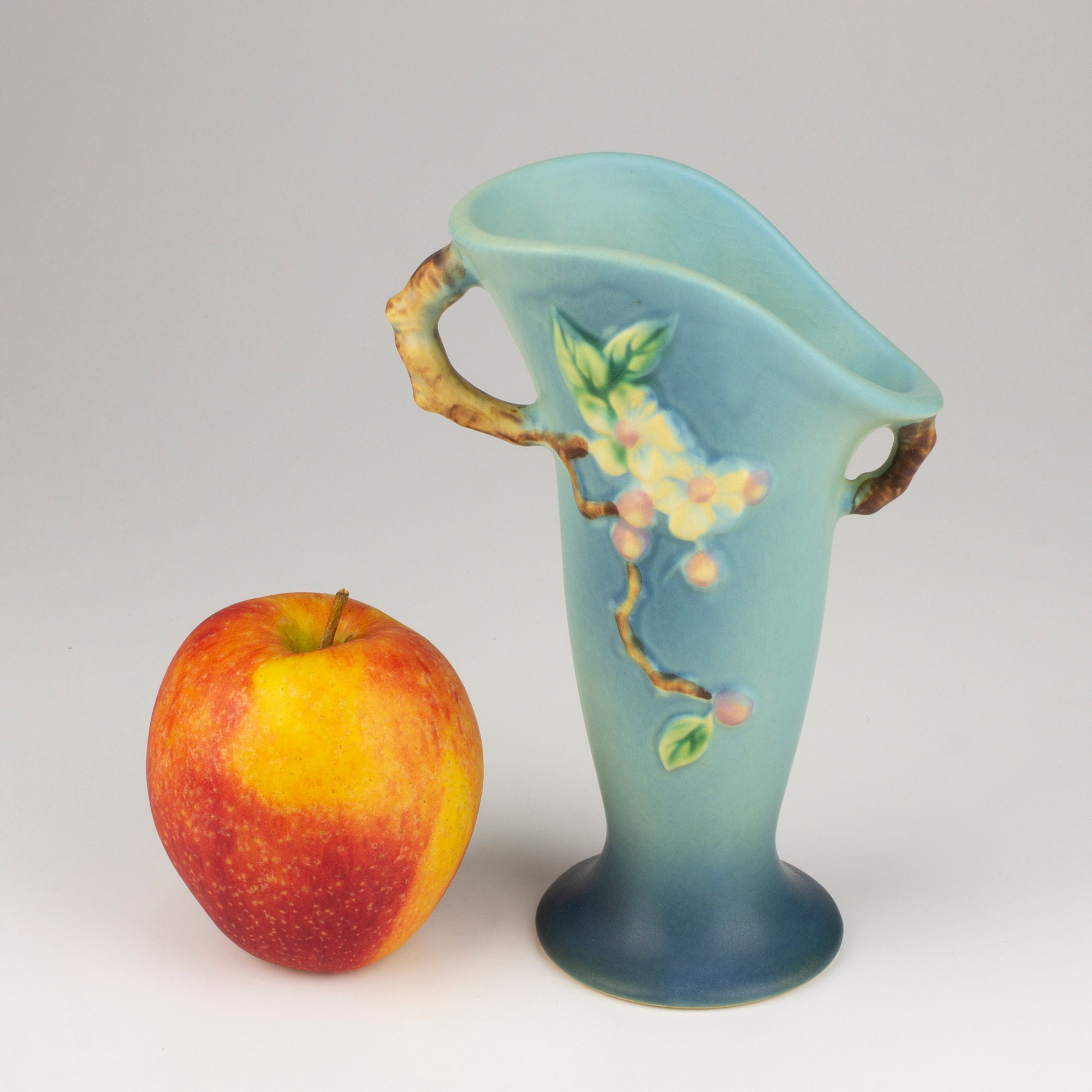 Roseville Vintage Pottery Apple Blossom Vase, Shape 382-7, Aqua