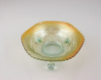 Fenton Two Flowers 3-Footed Sauce Bowl, Light Aqua Base, Marigold Iridescence