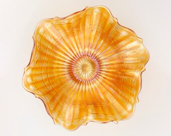 Fenton Stippled Rays/Scale Band Carnival Glass Small Ruffled Bowl, Marigold