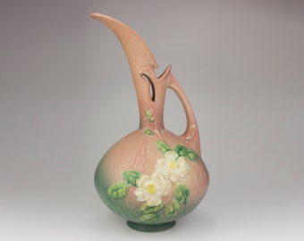 Roseville Vintage Pottery White Rose Ewer/Pitcher, Shape 993-15, Coral/Pink