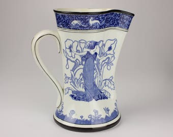 Buffalo Pottery Art Nouveau Blue & White Gloriana 9" Antique Pitcher