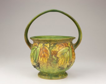 Roseville Pottery Blackberry Basket, Shape 335-7, Green/Brown