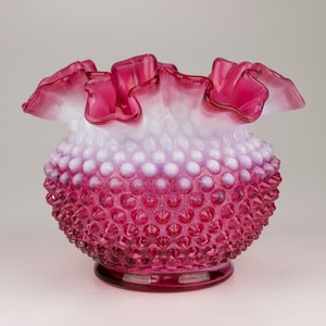 Fenton Vintage Glass Hobnail Cranberry Opalescent Ruffled Vase, Shape 3850