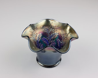 Fenton Holly Carnival Glass Hat, Blue Base, Ruffled Edge