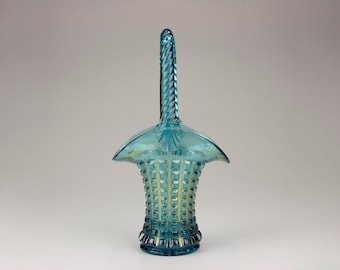Imperial Carnival Glass Waffle Block Basket, Teal