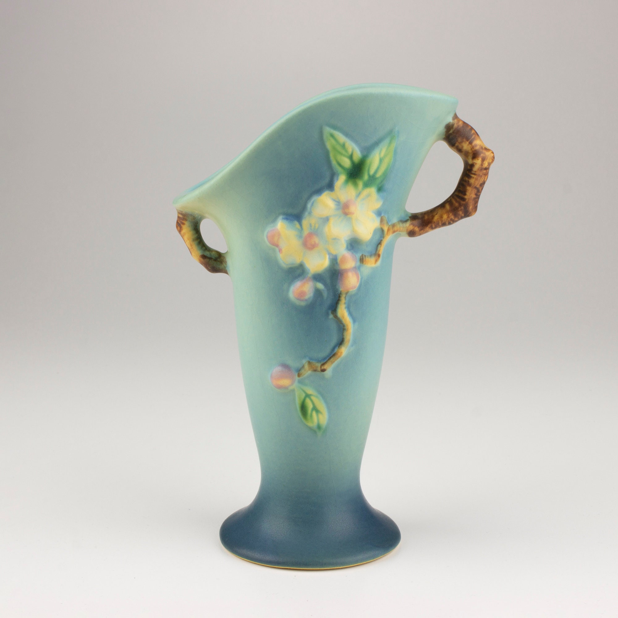 Roseville Vintage Pottery Apple Blossom Vase, Shape 382-7, Aqua
